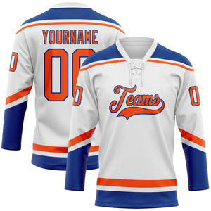 Custom White Orange-Royal Hockey Lace Neck Jersey