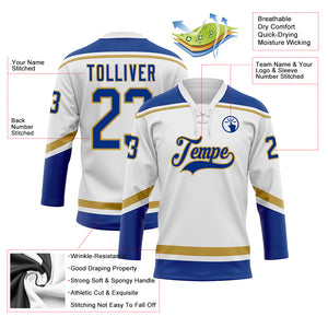 Custom White Royal-Old Gold Hockey Lace Neck Jersey