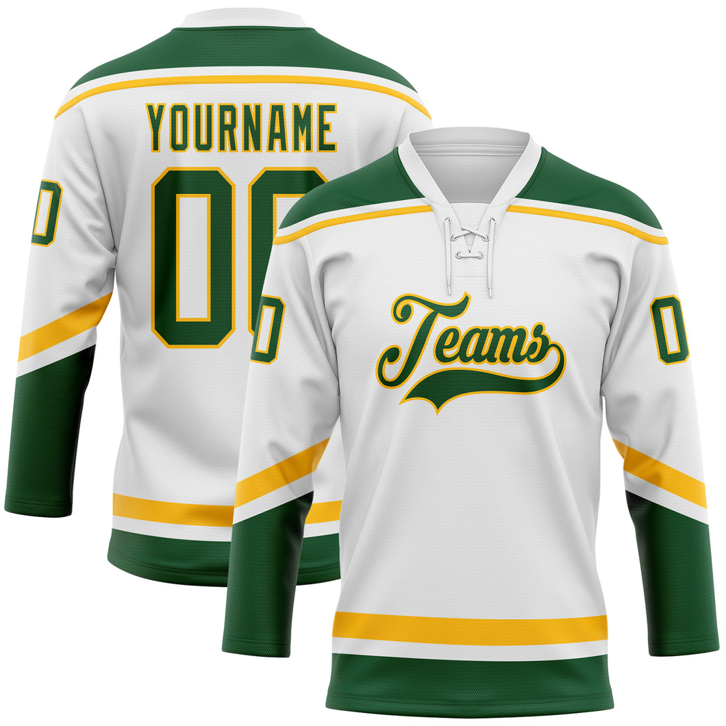 Custom White Green-Gold Hockey Lace Neck Jersey