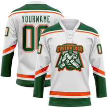 Load image into Gallery viewer, Custom White Green-Orange Hockey Lace Neck Jersey
