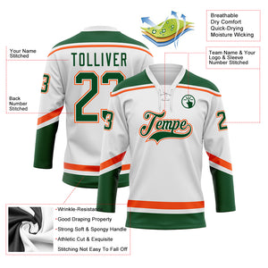 Custom White Green-Orange Hockey Lace Neck Jersey