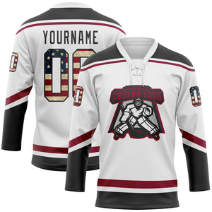 Custom White Vintage USA Flag Black-Maroon Hockey Lace Neck Jersey