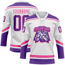 Load image into Gallery viewer, Custom White Purple-Pink Hockey Lace Neck Jersey
