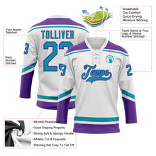 Load image into Gallery viewer, Custom White Teal-Purple Hockey Lace Neck Jersey
