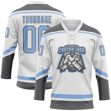 Load image into Gallery viewer, Custom White Light Blue-Steel Gray Hockey Lace Neck Jersey
