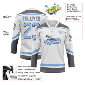 Custom White Light Blue-Steel Gray Hockey Lace Neck Jersey