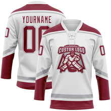 Load image into Gallery viewer, Custom White Crimson-Gray Hockey Lace Neck Jersey
