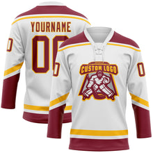 Load image into Gallery viewer, Custom White Crimson-Gold Hockey Lace Neck Jersey
