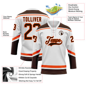 Custom White Brown-Orange Hockey Lace Neck Jersey