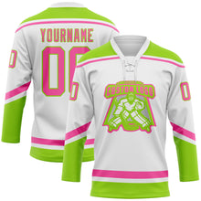 Load image into Gallery viewer, Custom White Pink-Neon Green Hockey Lace Neck Jersey
