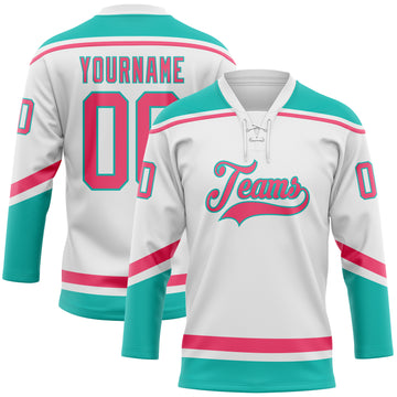 Custom White Neon Pink-Aqua Hockey Lace Neck Jersey