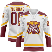Load image into Gallery viewer, Custom White Burgundy-Gold Hockey Lace Neck Jersey

