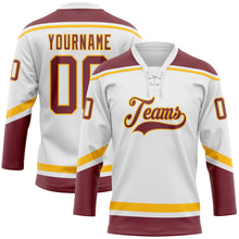 Load image into Gallery viewer, Custom White Burgundy-Gold Hockey Lace Neck Jersey
