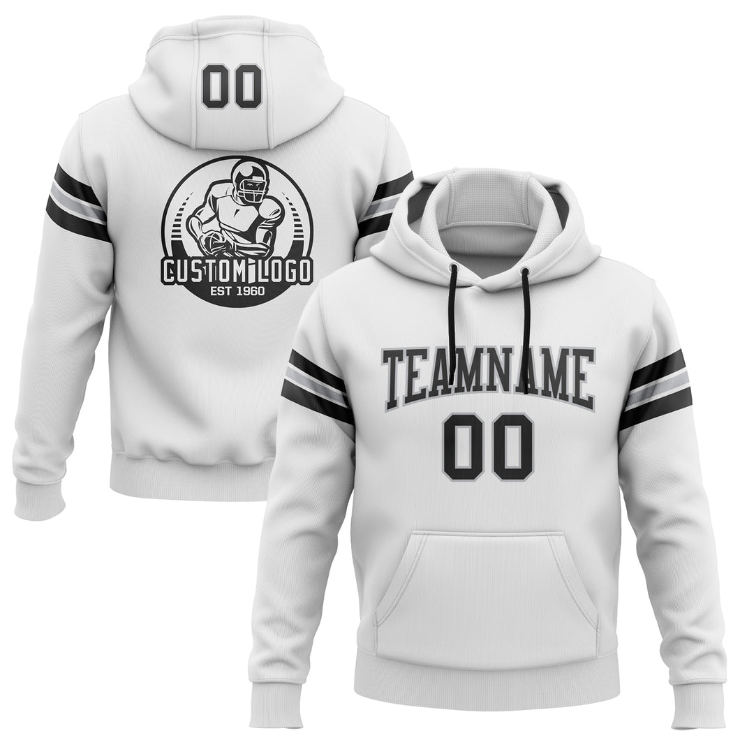 Custom Stitched White Black-Gray Football Pullover Sweatshirt Hoodie