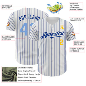 Custom White Royal Pinstripe Light Blue-Yellow Authentic Baseball Jersey