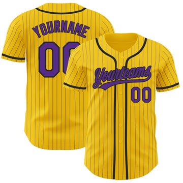 Custom Yellow Purple Pinstripe Black Authentic Baseball Jersey