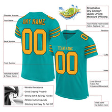 Load image into Gallery viewer, Custom Aqua Gold-Black Mesh Authentic Football Jersey
