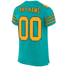 Load image into Gallery viewer, Custom Aqua Gold-Black Mesh Authentic Football Jersey
