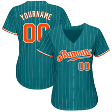 Load image into Gallery viewer, Custom Teal White Pinstripe Orange-White Authentic Baseball Jersey
