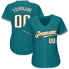 Load image into Gallery viewer, Custom Teal White Pinstripe White-Old Gold Authentic Baseball Jersey

