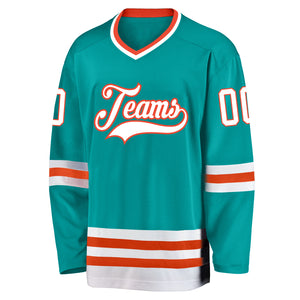 Custom Aqua White-Orange Hockey Jersey