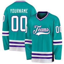 Load image into Gallery viewer, Custom Aqua White-Purple Hockey Jersey
