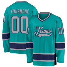 Load image into Gallery viewer, Custom Aqua Gray-Navy Hockey Jersey
