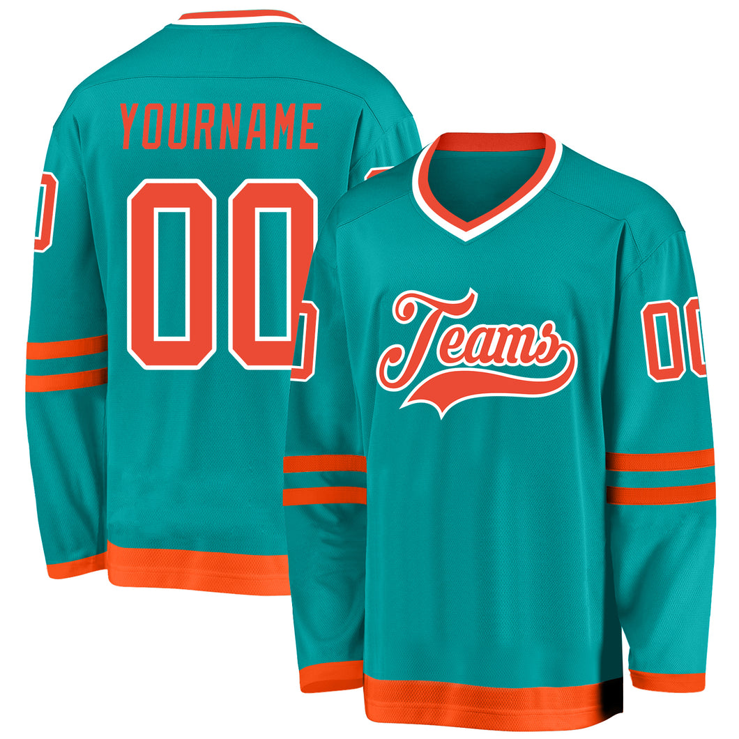 Custom Aqua Orange-White Hockey Jersey