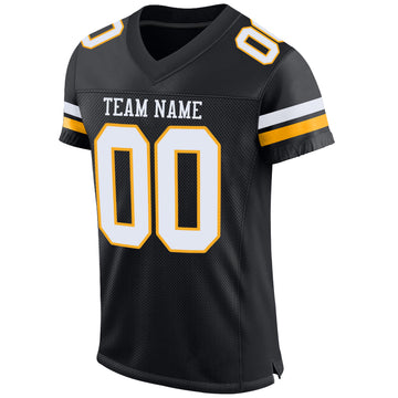 Custom Black White-Gold Mesh Authentic Football Jersey