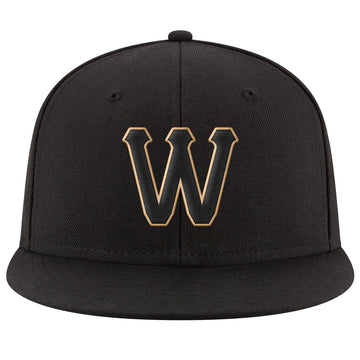 Custom Black Black-Old Gold Stitched Adjustable Snapback Hat