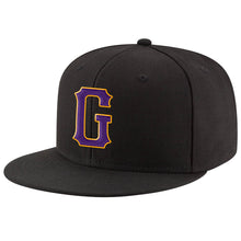 Load image into Gallery viewer, Custom Black Purple-Gold Stitched Adjustable Snapback Hat
