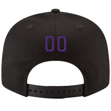 Load image into Gallery viewer, Custom Black Purple-Gold Stitched Adjustable Snapback Hat
