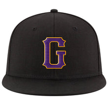 Load image into Gallery viewer, Custom Black Purple-Gold Stitched Adjustable Snapback Hat
