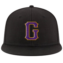 Load image into Gallery viewer, Custom Black Purple-Gold Stitched Adjustable Snapback Hat
