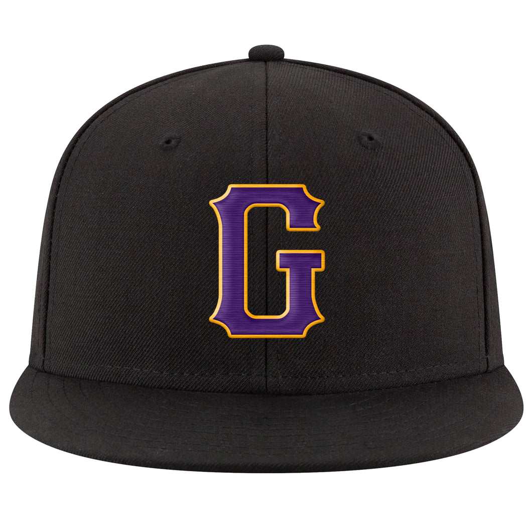 Custom Black Purple-Gold Stitched Adjustable Snapback Hat