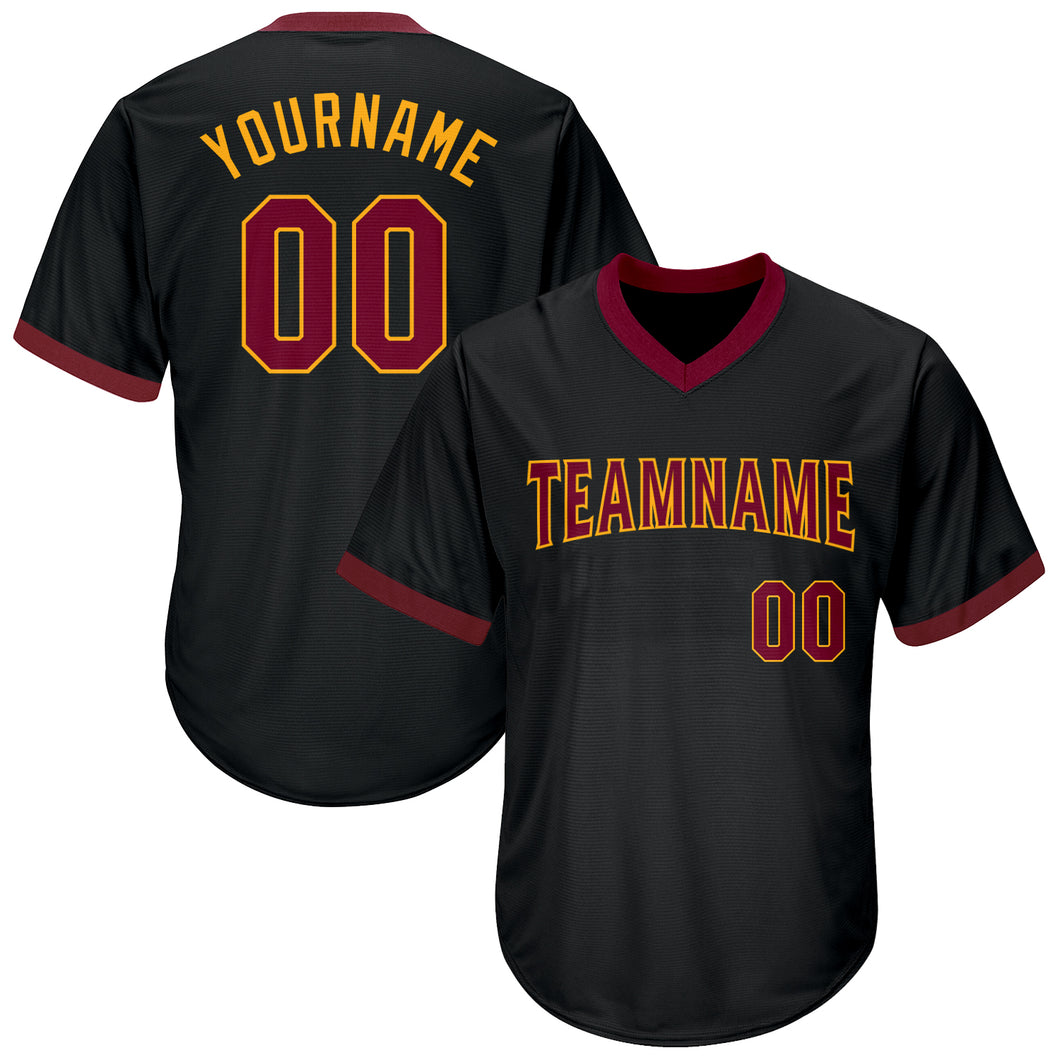 Custom Black Maroon-Gold Authentic Throwback Rib-Knit Baseball Jersey Shirt