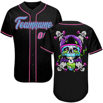 Custom Black Light Blue-Pink Authentic Skull Fashion Baseball Jersey