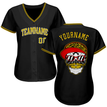 Custom Black Gold-White Authentic Skull Fashion Baseball Jersey