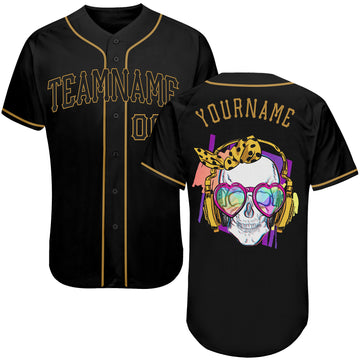 Custom Black Black-Old Gold Authentic Skull Fashion Baseball Jersey