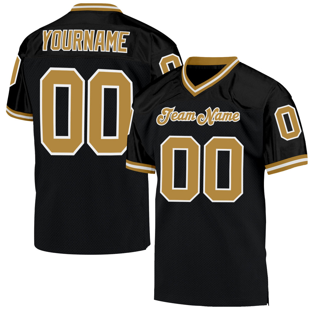 Custom Black Old Gold-White Mesh Authentic Throwback Football Jersey