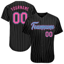Load image into Gallery viewer, Custom Black White Pinstripe Pink-Light Blue Authentic Baseball Jersey
