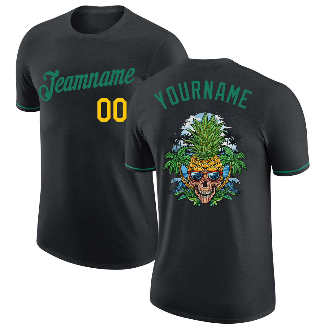 Custom Black Kelly Green-Gold Skull Pineapple Head Performance T-Shirt