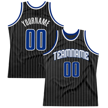 Custom Black White Pinstripe Royal-White Authentic  Basketball Jersey