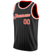 Load image into Gallery viewer, Custom Black White Pinstripe Orange-White Authentic Throwback Basketball Jersey
