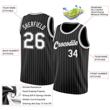 Custom Black White Pinstripe White-Gray Authentic  Basketball Jersey