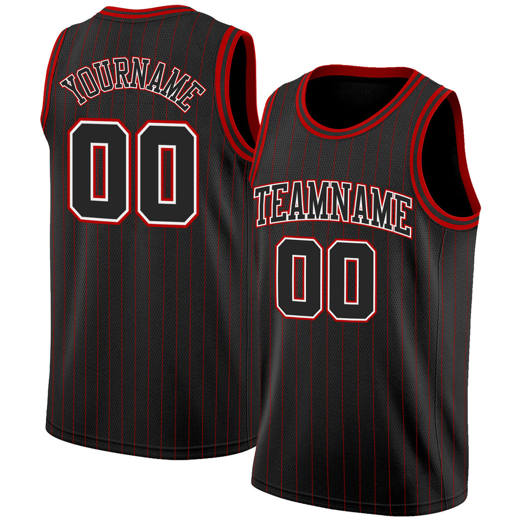 Custom Black Red Pinstripe Black-White Authentic Basketball Jersey