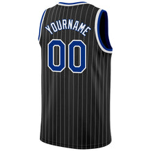 Load image into Gallery viewer, Custom Black White Pinstripe Royal-White Authentic Basketball Jersey

