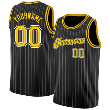 Custom Black White Pinstripe Gold-White Authentic Basketball Jersey