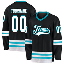 Load image into Gallery viewer, Custom Black White-Teal Hockey Jersey
