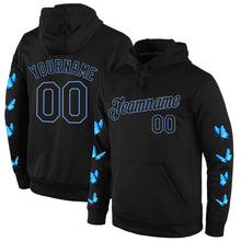 Load image into Gallery viewer, Custom Stitched Black Black-Light Blue 3D Pattern Design Butterfly Sports Pullover Sweatshirt Hoodie
